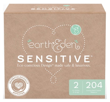 Brown and teal Earth and Eden Sensitive Diaper packaging