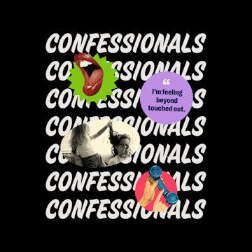 Confessionals cover with cutouts of an opened mouth, an old telephone, a quote, and a girl playing w...
