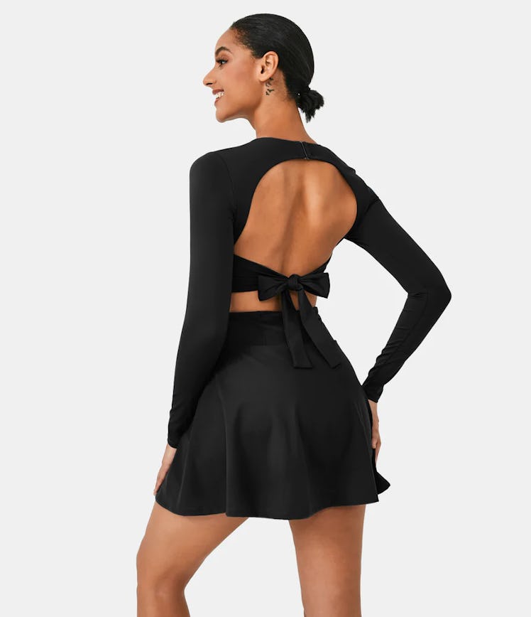 Round Neck Long Sleeve Tie Back Cut Out 2-in-1 Backless Dress