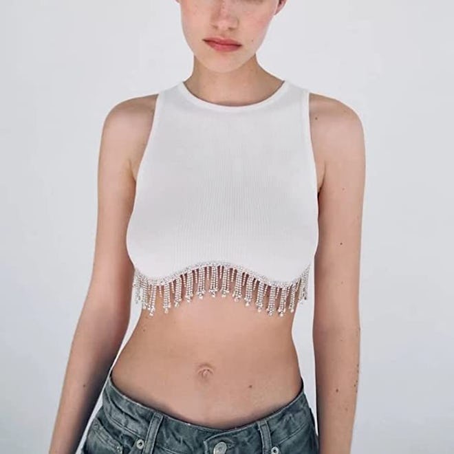 SAFRISIOR Rhinestone Trim Sleeveless Cropped Top