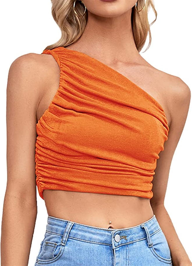 LYANER Ruched One-Shoulder Crop Top