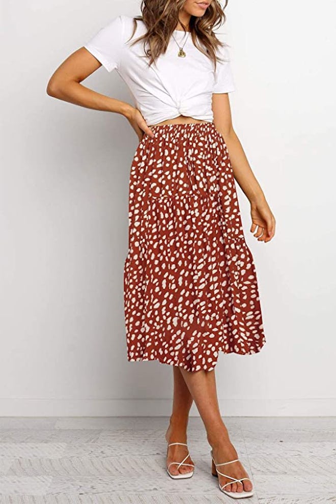 MEROKEETY Pleated A-Line Swing Midi Skirt