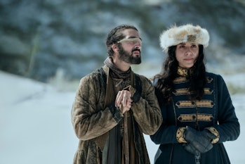 Mariam (Hayat Kamille), an astronomer from Constantinople, and Kurya (Tolga Safer) in Vikings: Valha...