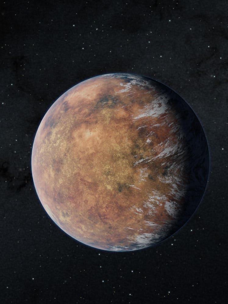 Artist's impression of TOI-700 e, which is brown like Mars and has white streaks on the right side o...
