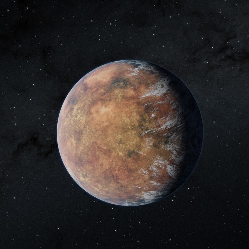 Artist's impression of TOI-700 e, which is brown like Mars and has white streaks on the right side o...