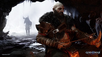 God of War Ragnarok Kratos sitting in a cave
