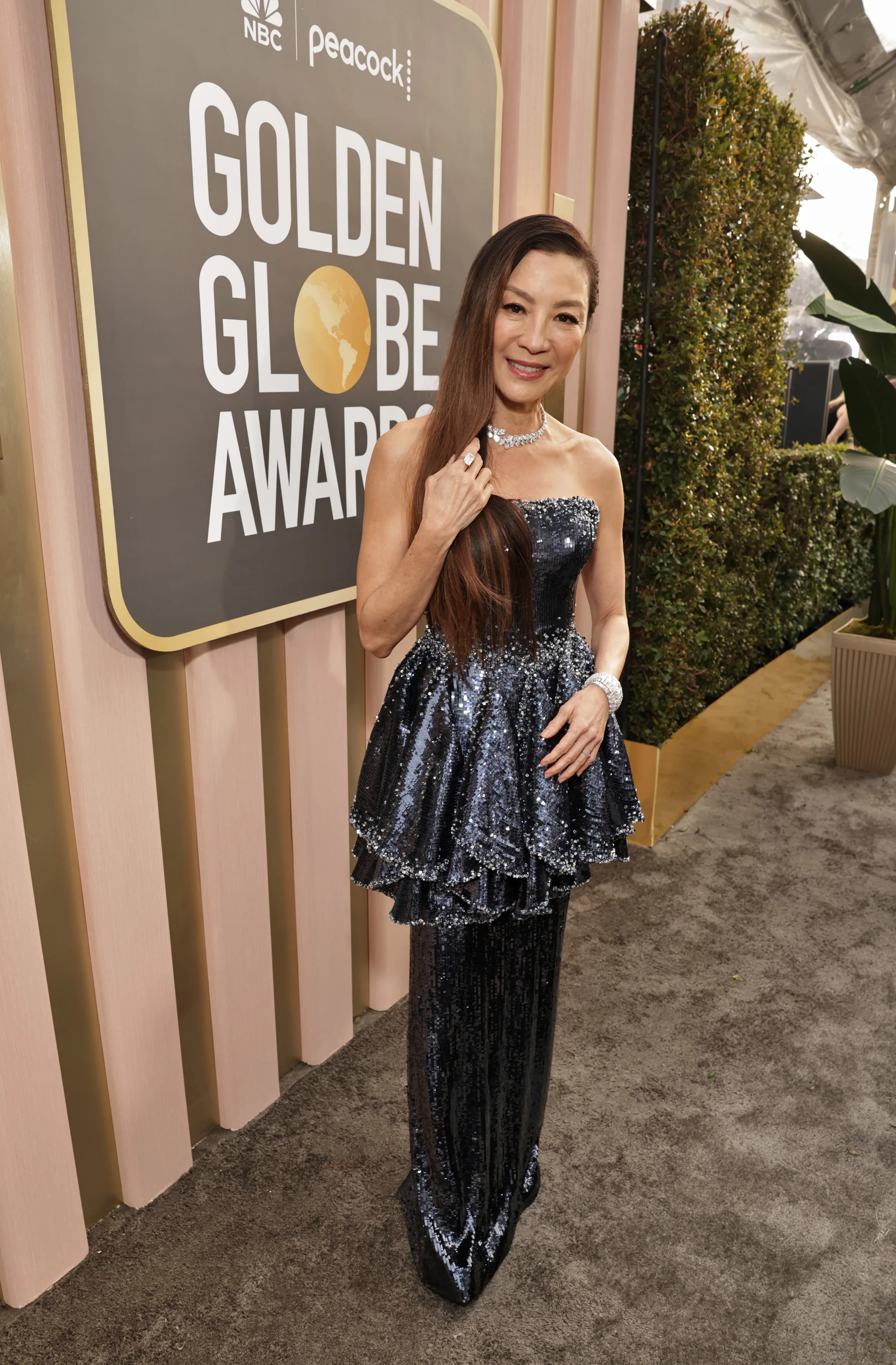 slim fit dress slacks Selena Gomez Grape Velvet 2023 Golden Globes Awards Dress