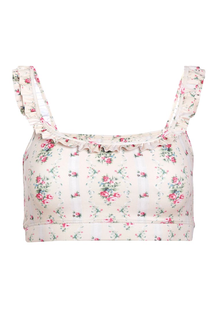 LoveShackFancy cream floral ruffle-trimmed sports bra