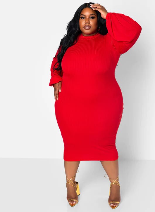 Here For It Ribbed Turtleneck Puff Sleeve Midi Bodycon Dres