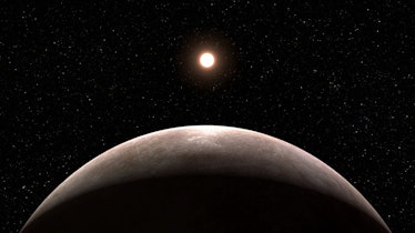 image of a planet in the foreground with a sun in the distance.