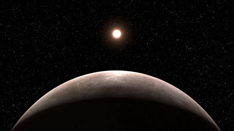image of a planet in the foreground with a sun in the distance.
