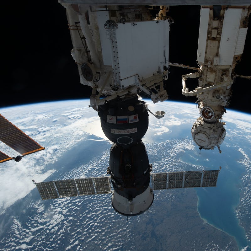 The Soyuz MS-22 crew ship is pictured on Oct. 8, 2022, in the foreground docked to the Rassvet modul...