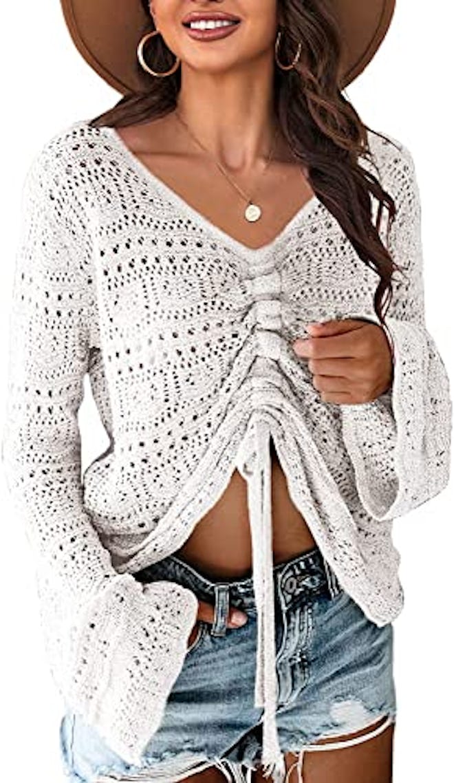 Saodimallsu Crochet Ruched Pullover Sweater