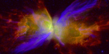 Image of a wing-shaped cloud of gas in oranges and yellows with two purple lines crossing it diagona...