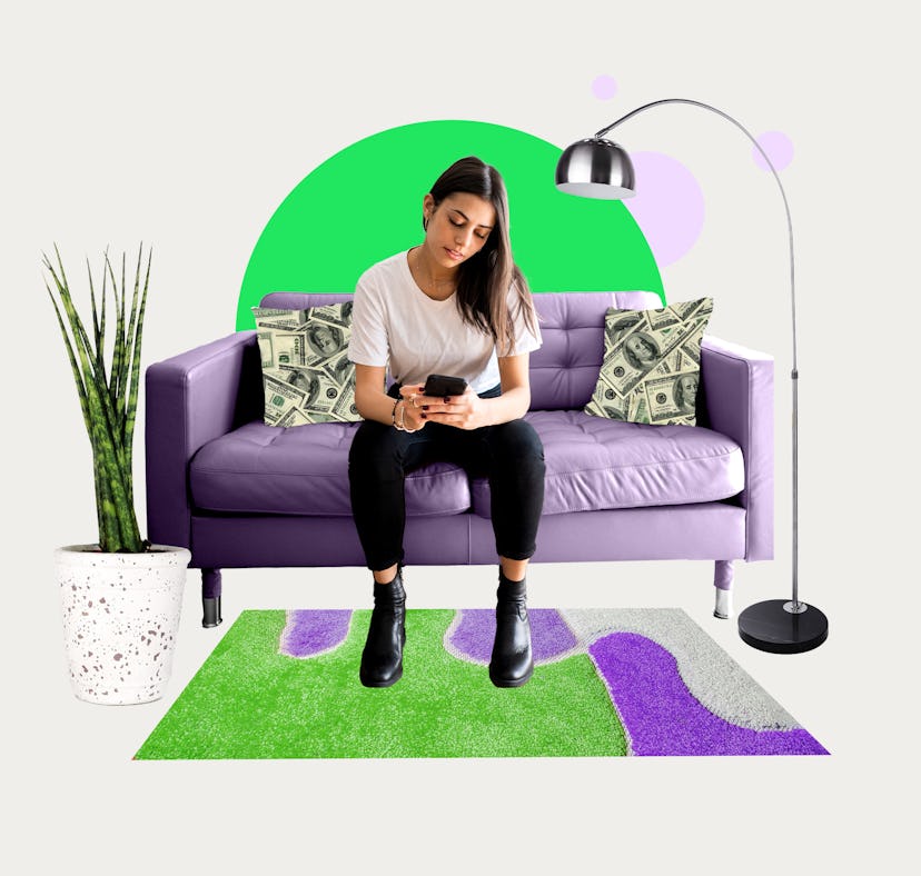 Young woman sitting on her couch, thinking of her first apartment mistake that cost big money.