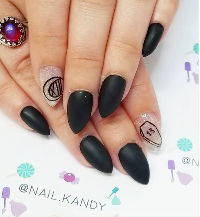Black and silver glitter Friday the 13th nails