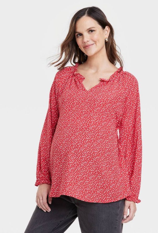 red floral maternity top for Valentine's Day maternity shirts