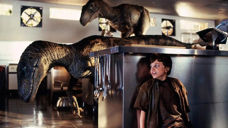 Tim hides in fear behind a counter after velociraptors break into the kitchen.