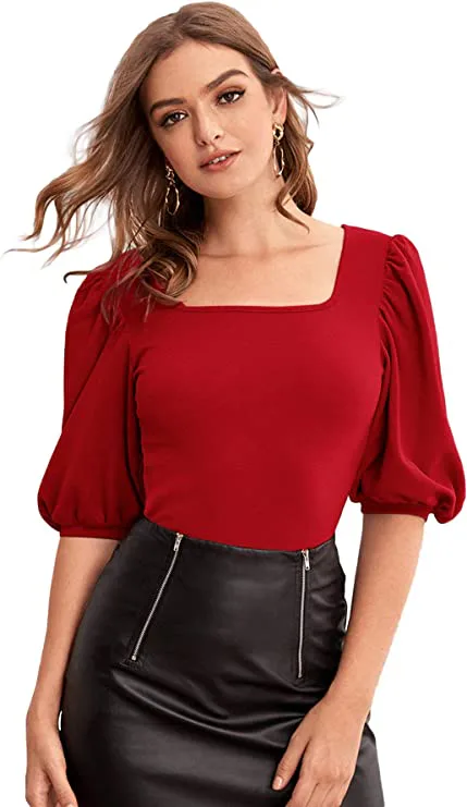 Romwe Puff Sleeve Square Neck Top