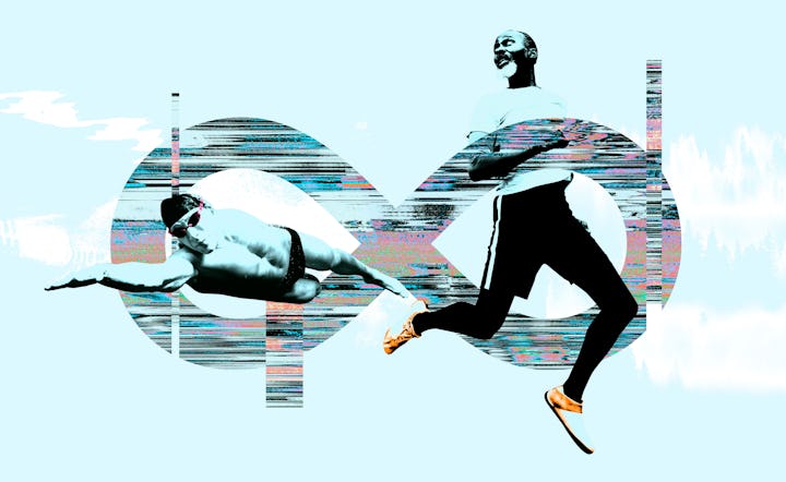 Collage of men running and swimming and an infinity symbol.