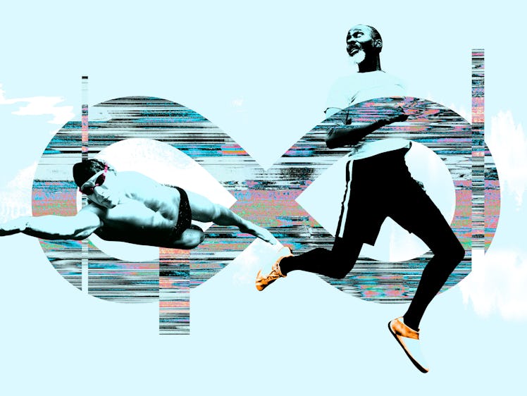 Collage of men running and swimming and an infinity symbol.