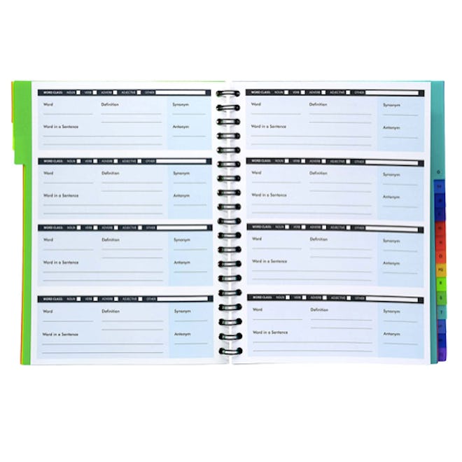 This language learning notebook includes areas for vocabulary and alphabetized dividers.