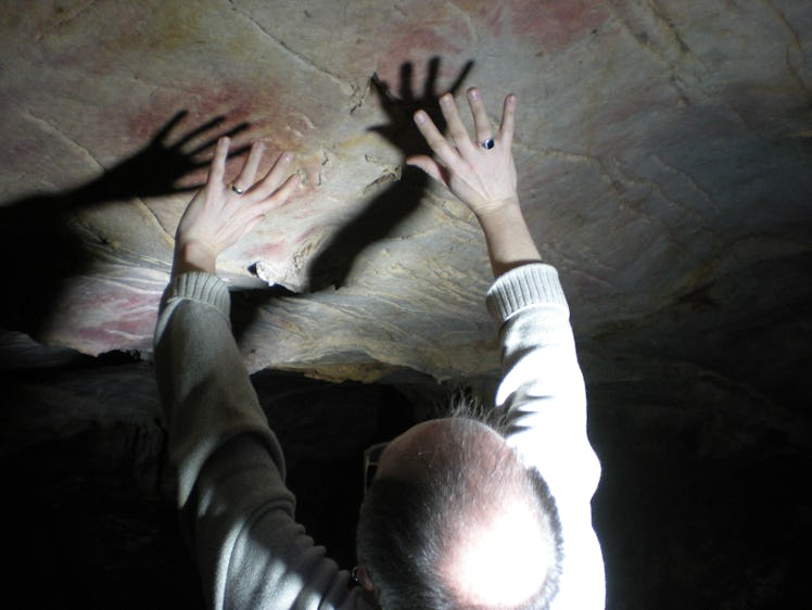 In many cases, hand stencils were left on parts of cave walls and ceilings that were difficult to ac...
