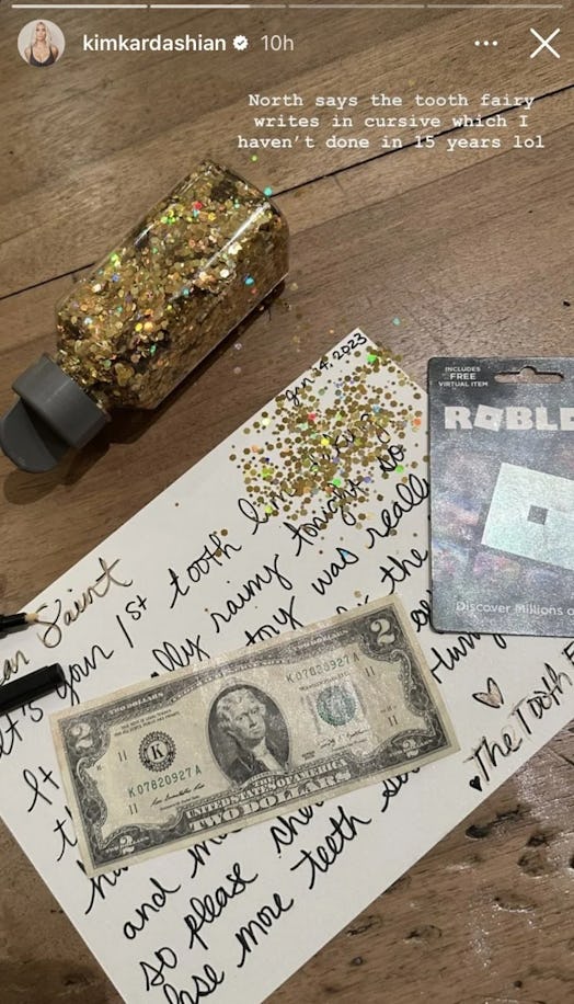 Kim Kardashian plays tooth fairy to her son Saint West who lost his first tooth over the weekend. Sc…