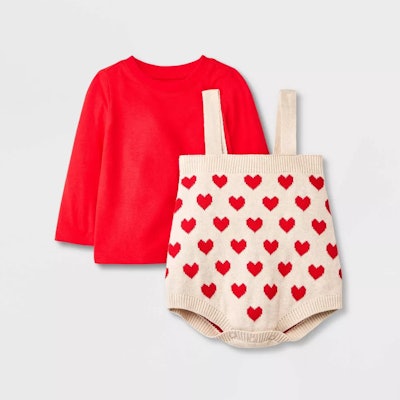 Knit overalls and shirt, in a story about cute Valentine's Day outfits for girls