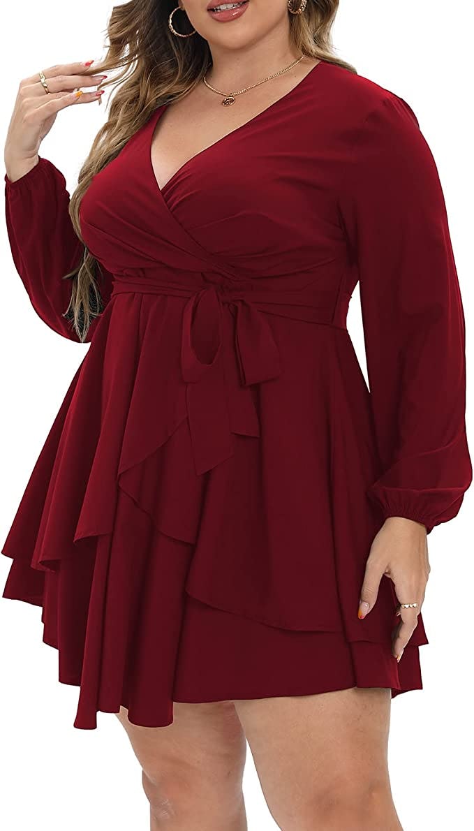 ALLEGRACE Long Sleeve Ruffled Wrap Swing Mini Dresses