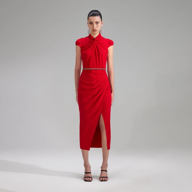 Self-Portrait Red Stretch Crepe Ruched Midi Dress