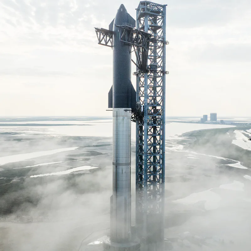 The Starship launch vehicle, which contains the Starship spacecraft atop the Super Heavy rocket boos...