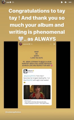 SZA responded to Swift's shout-out on her Instagram Stories, seemingly axing the rumored feud their ...