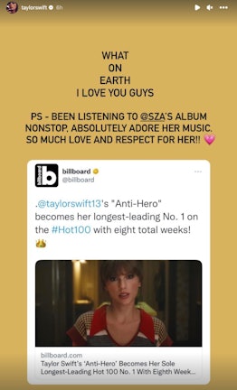 Taylor Swift gave a shout-out to SZA while celebrating her single, "Anti-Hero," breaking a Billboard...