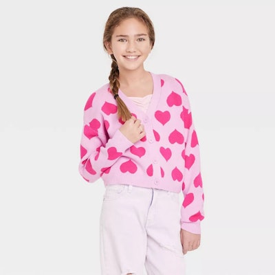 Cropped heart cardigan, a cute Valentine's Day outfit for girls
