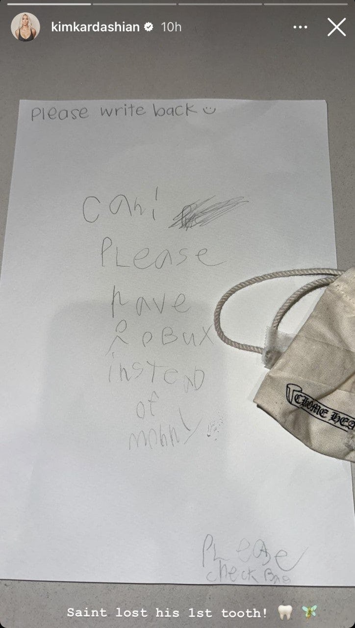 Kim Kardashian&rsquo;s son Saint West wrote a letter to the tooth fairy. Screenshot via Instagram/KimKarda&hellip;