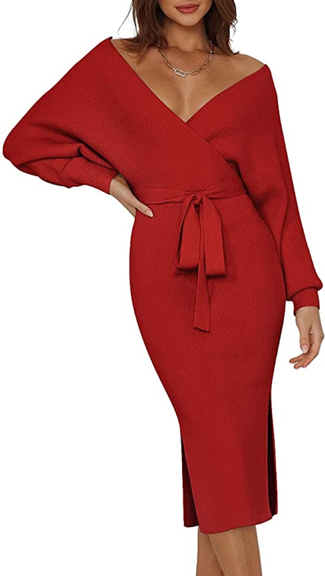 One Valentine's Day outfit idea is this Pink Queen Belted Wrap Dress in red.