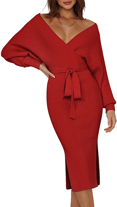 One Valentine's Day outfit idea is this Pink Queen Belted Wrap Dress in red.