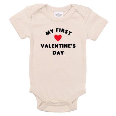 Onesie in a story about how to celebrate baby’s first Valentine’s Day