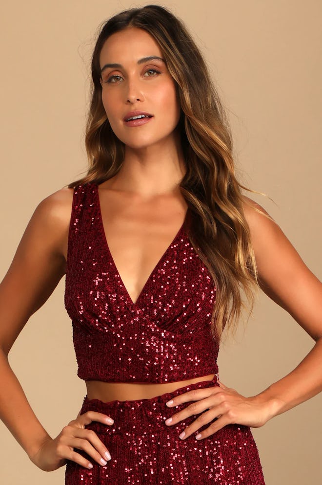 Flawless Sparkle Wine Red Sequin V-Neck Tank Top is one Valentine's Day outfit idea.