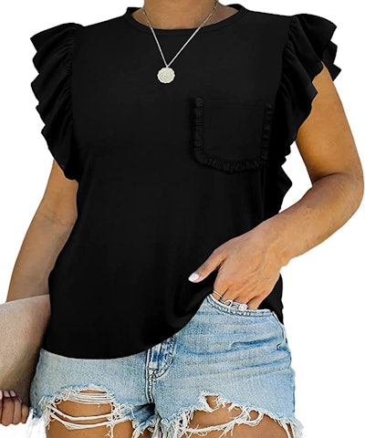 One Valentine's Day outfit idea is to wear this TIYOMI Plus Size Tunic Flutter Sleeve Top In Black.
