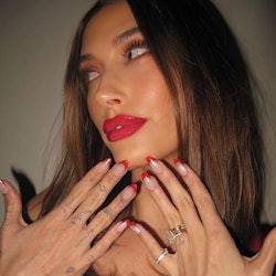 Hailey Bieber red french tips with red lipstick