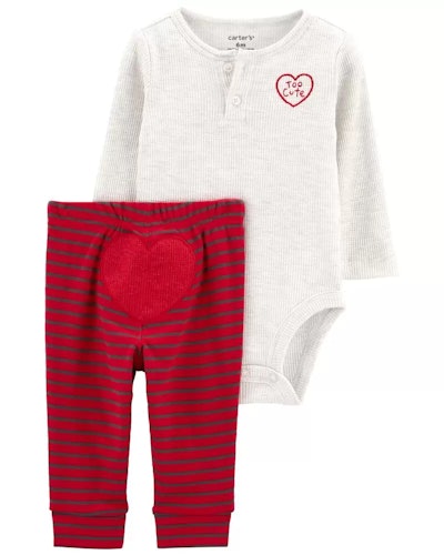 Shirt and pant set for babies in a story about how to celebrate baby's first Valentine's Day