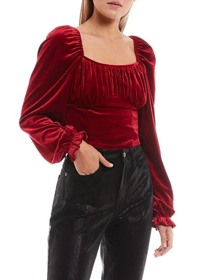 This Chelsea & Violet Velvet Pleated Scoop Neck Long Peasant Sleeve Top In Red is a Valentine's Day ...