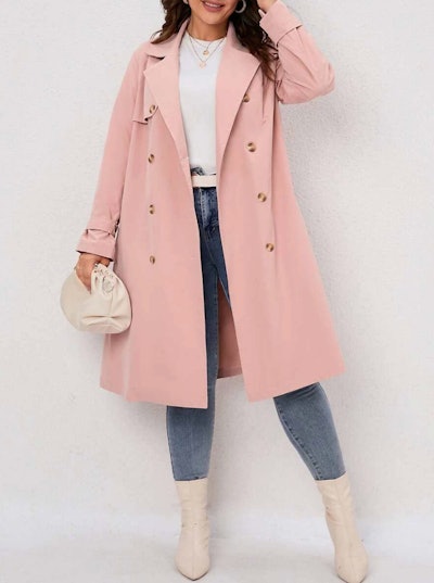One Valentine's Day outfit idea is to wear this Plus Double Breasted Trench Coat in Baby Pink.