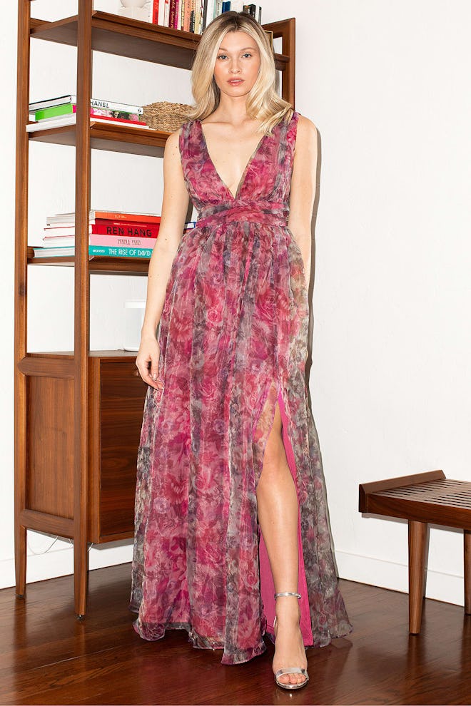 One Valentine's Day outfit idea is this Garden Romance Magenta Floral Print Organza Maxi Dress.