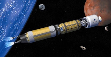 Artist’s concept of a bimodal nuclear rocket making the journey to the Moon, Mars, and other destina...