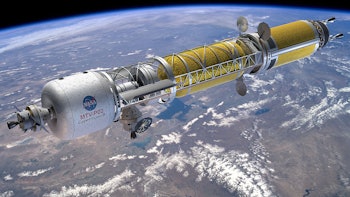 Artist's concept of a Bimodal Nuclear Thermal Rocket in Low Earth Orbit.