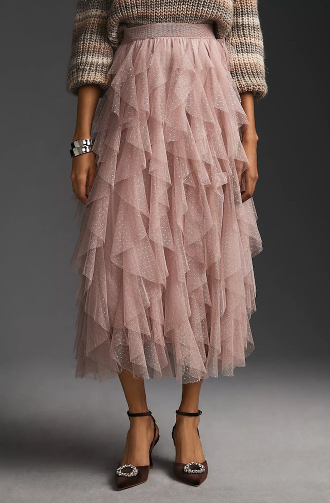 One Valentine's Day outfit idea is this By Anthropologie Ruffled Tulle Midi Skirt in Rose.