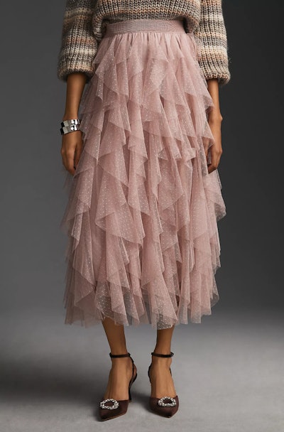 One Valentine's Day outfit idea is this By Anthropologie Ruffled Tulle Midi Skirt in Rose.